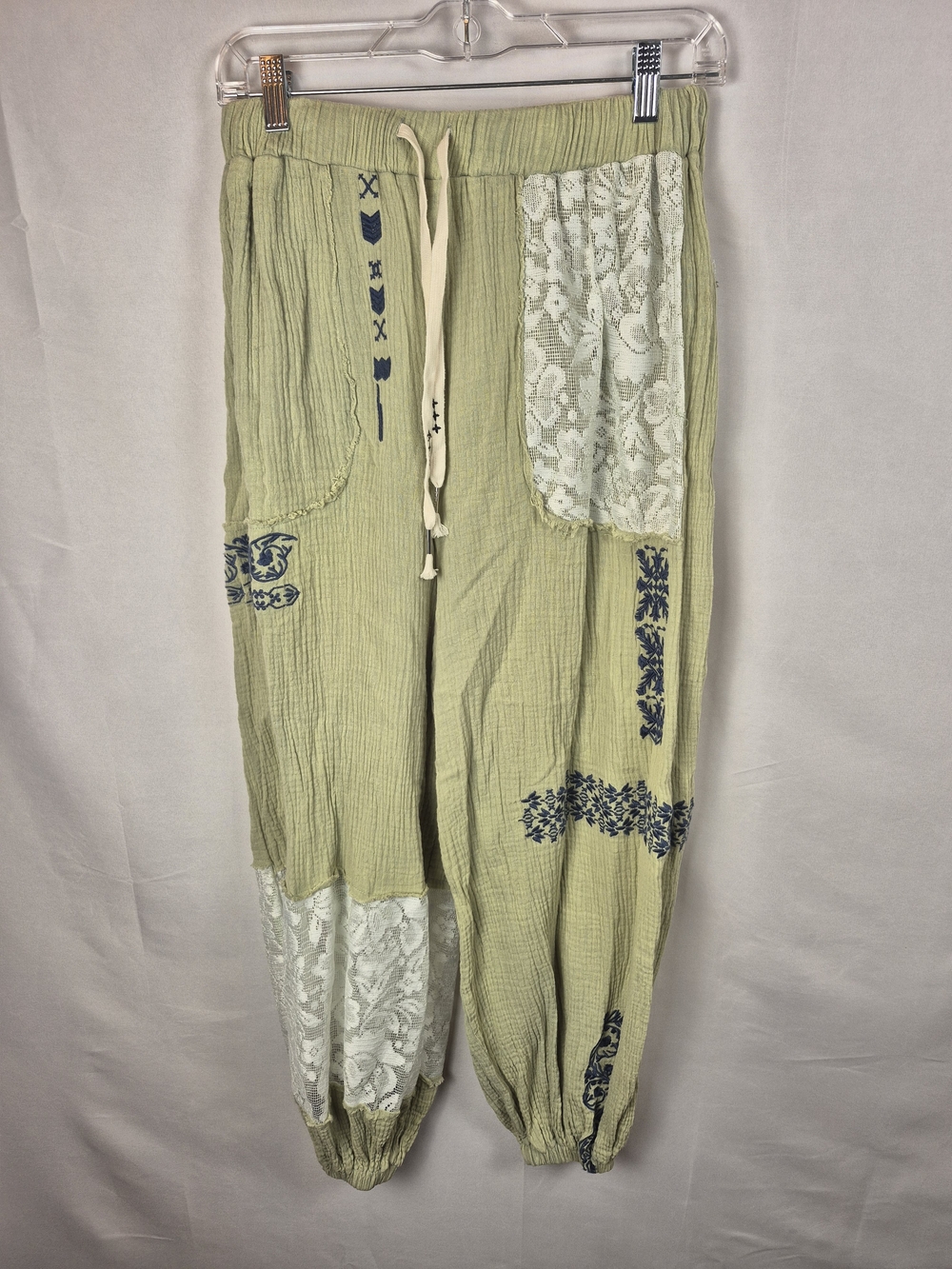 POL Olive Green & Cream Lace 100% Cotton Jogger Pants Size M - Picture 2 of 5